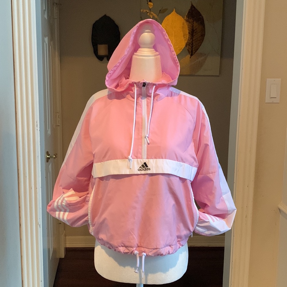 SOLD - Adidas Pink & White Nylon Hoodie Windbreaker